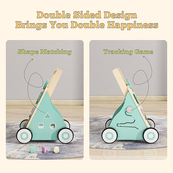 Baby Walker with Wheels, Wooden Baby Walker Push Toy Adjustable Height and Speed Montessori Walker Multiple Learning Activity Walker for Boys Ages 9+ Months, Green