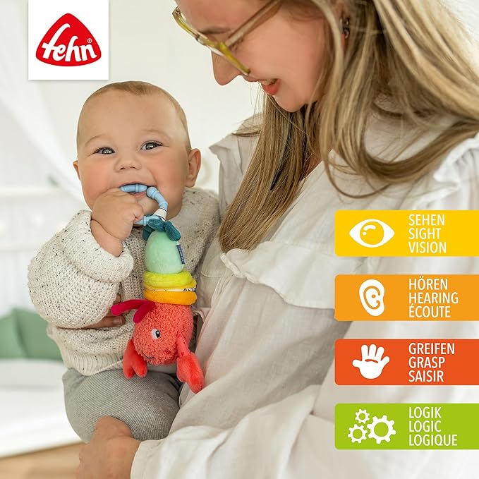 Fehn Lobster with Vibration, Motor Skill Toy for Hanging Pram, Cot and Baby Seat, for Bite, Grasping and Sound Production, Toy for Babies and Children from 3 Months