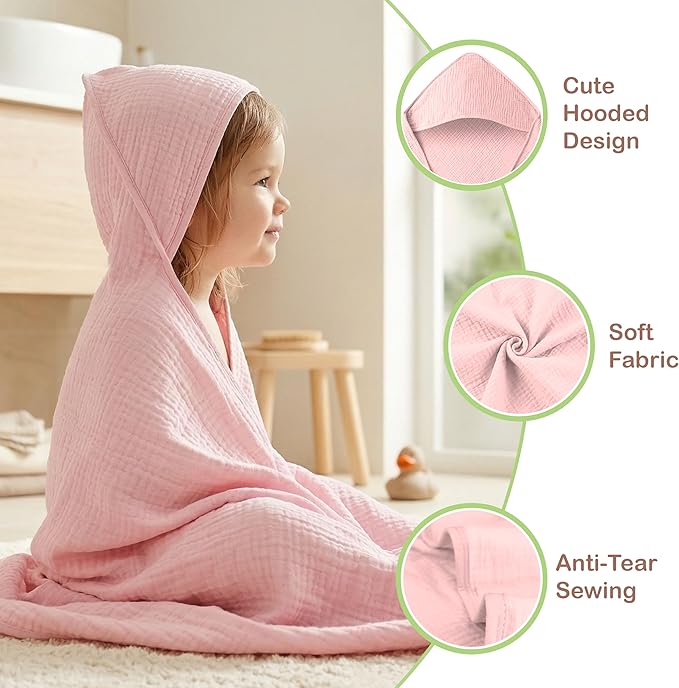 100% Organic Cotton Muslin Baby Hooded Towels - 32x32 Inch, 2 Pack Newborn Bath Towels for Boys & Girls, Soft & Absorbent Bath Set (Light Pink/Light Purple)