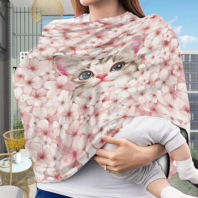 Cat Car Seat Cover for Baby Carseat - Cherry Blossom Infant Car Seat Cover for Sun - Breathable, Soft and Lightweight Car Seat Canopy