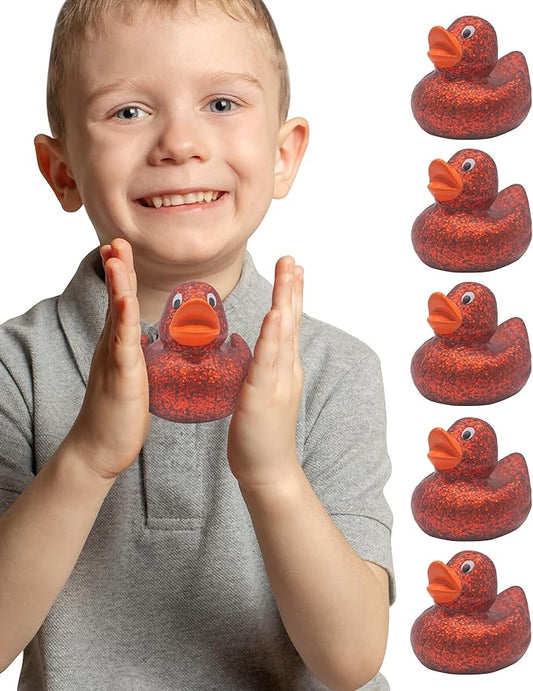 Alpi Glitter Ducks – Set of 5 Fun & Sparkly Rubber Ducks & Bath Toys - Decorative, Collectible, and Great for Parties, Gifts & Bath Time (Red)