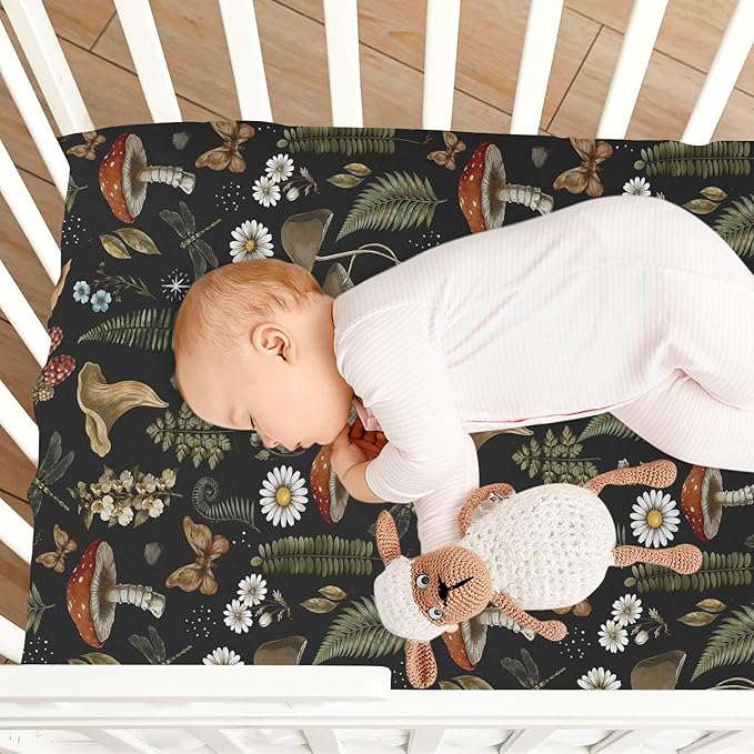 Fitted Crib Sheets Vintage Mushroom Forest Plant Stretchy Portable Playard Sheets for Baby Toddler, Breathable Soft Mini Crib Mattress 39 x 27 in for Boys and Girls