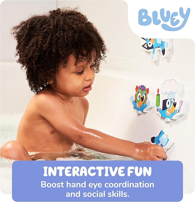 Tomy Toomies Bluey Bath Puzzle - Mix and Match Bluey Puzzle - Foam Toddler Bath Toys - Includes Mesh Bag Bath Toy Storage with Suction Cups - 8 Count - 18 Months and Up