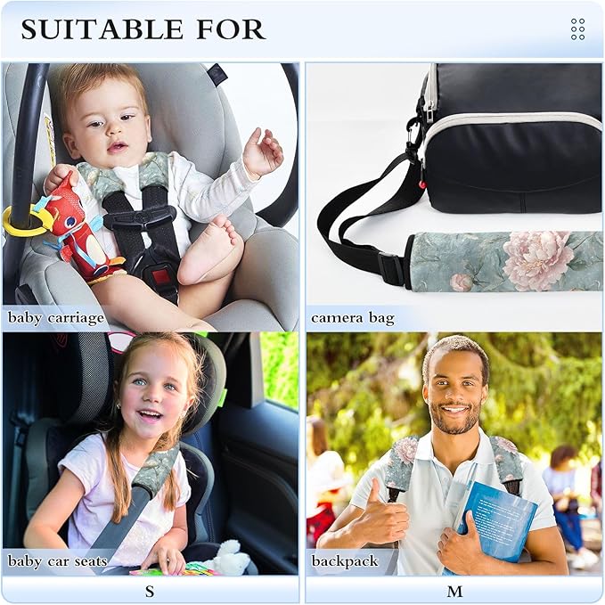 CHIFIGNO Pack of 2 Car Seat Belt Covers Pink Peonies Blue Leaves Seatbelt Cushion Fashion Shoulder Strap Cushion Protect Your Neck and Shoulder