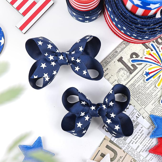 YanJie 2pcs Baby Hair Clips 3‘’ Navy Blue Bow Ribbon American Flag Hair Bows White Stars Clips