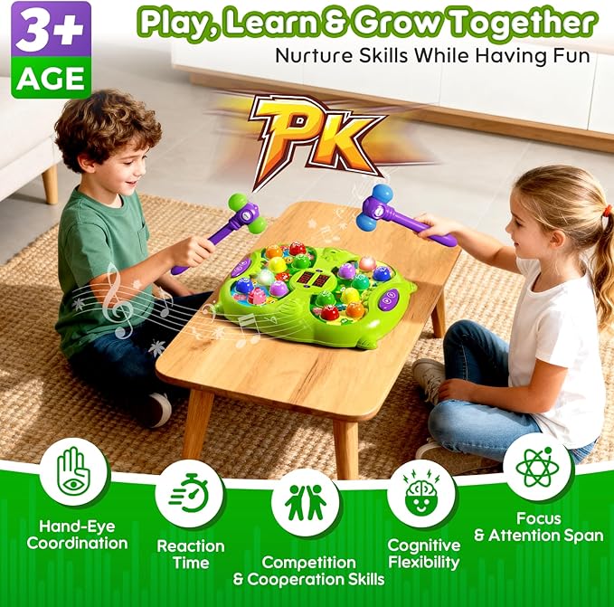 Whack Mole Game for Kids, Idea Gift for 3-12 Year Old Boys and Girls, Interactive Pounding Toy with 2 Hammers, Lights & Sounds, 3 Game Modes Educational Toy for 3 4 5 6+ Year Old Boys- Green