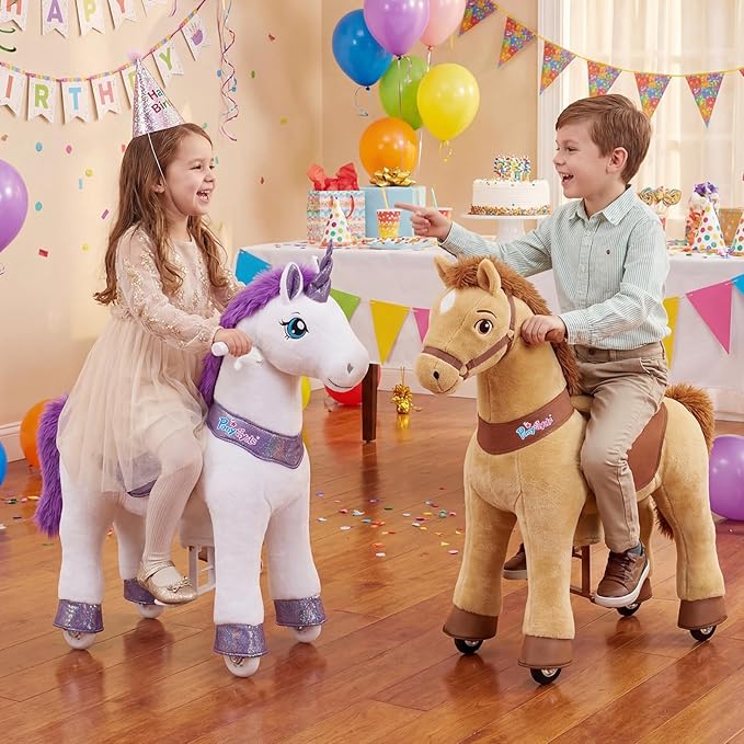 PonyCycle Ride on Unicorn for Kids 4-7 with Brake, Unicorn Gifts for Girls (35.4" Height/Size 4) Plush Interactive Riding Rocking Riding Horse Ride on Toy Spirit Toys Stuffed Animal Purple E413