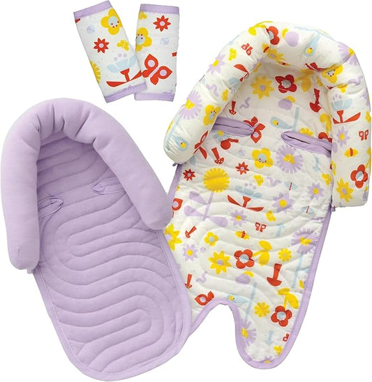 GoldBug Deluxe Duo Car Seat Head Support + Matching Strap Covers for Baby and Infant - Backyard Bugs