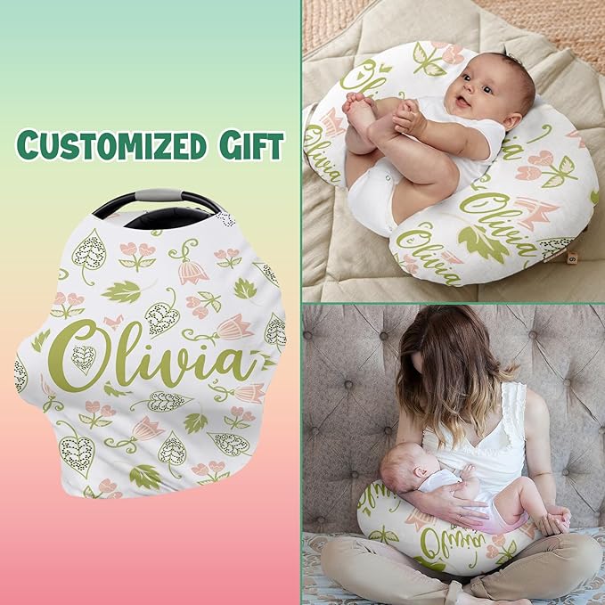 Personalised Car Seat Cover for Babies - Multi-use Carseat Canopy Cover with Name, Car Seat Covers, Christmas Birthday Gifts for Infant Boys and Girls Light Green Flower