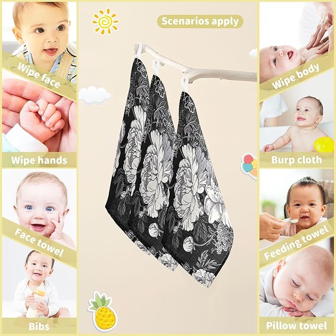 White Flowers Black Baby Washcloths - 3 Pack Muslin Cotton Face Towels for Baby Newborn Girls and Boys - Soft and Absorbent - 11.8 Inch