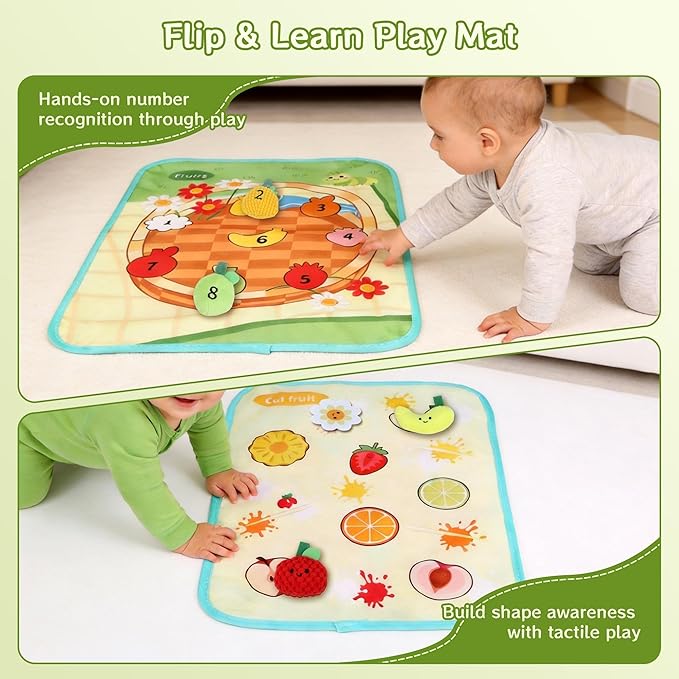 Plush Fruit Tree Toddler Learning Playset for 1 Year Old, Montessori Toys with Rattle Crinkle Textures Velcro, 10 PCS Play Food Toys Color Shape Number Matching Mat Fine Motor Skills Easter Baby Gifts