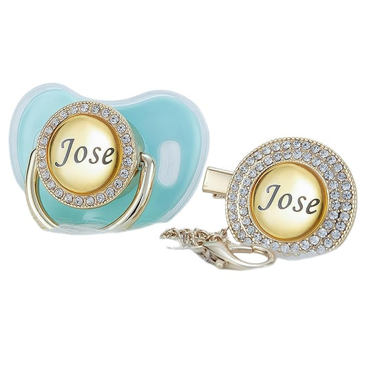 Custom Name Bling Pacifier & Clip Set – Personalized Binky for Baby Shower, Newborn Keepsake for Photos (Mint)