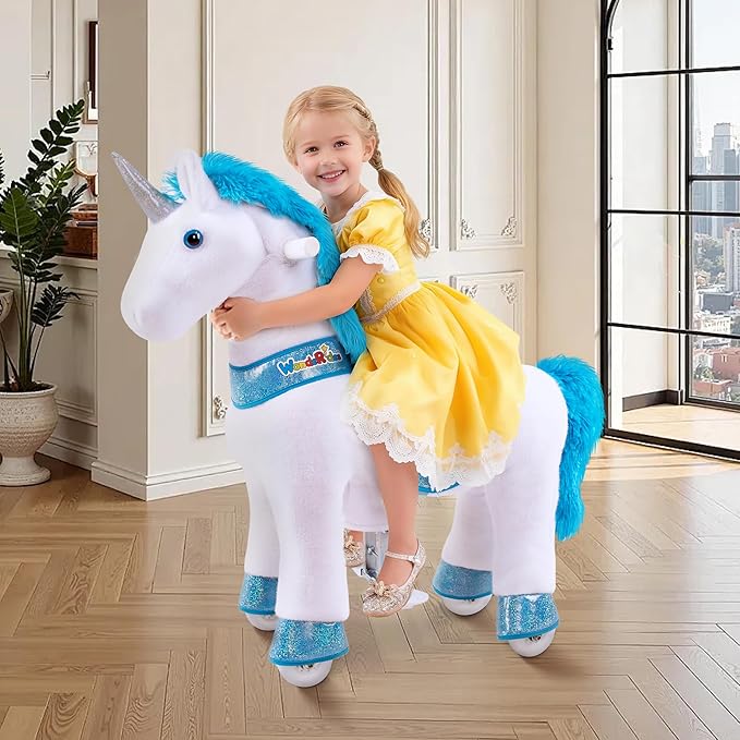 WondeRides Ride on Horse Pony Unicorn Riding Horse Toys Pony Rider Rocking Horse, 30.1 inch Height Plush Walking Animal Mechanical Rocking Horse with Wheels (Blue-White, Size 3 for Age 3-4) M331-1