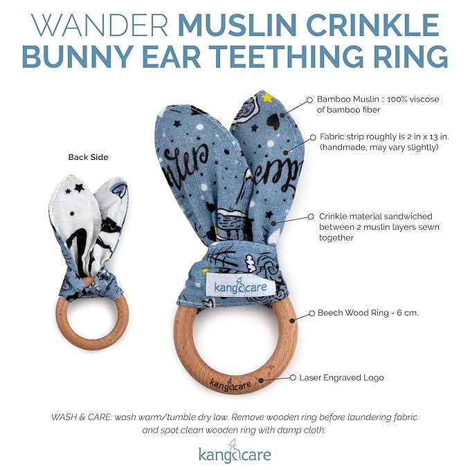 Kanga Care Baby Soft Muslin Sensory Crinkle Bunny Ear Wood Teething Ring - Wander Camping
