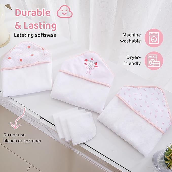Mooreeke Baby Towel with Hood for Girls Strawberry Bath Towel for Babies Ultra Soft Absorbent 3 PCS Baby Towels and 3 PCS Washcloths for Newborn Essentials