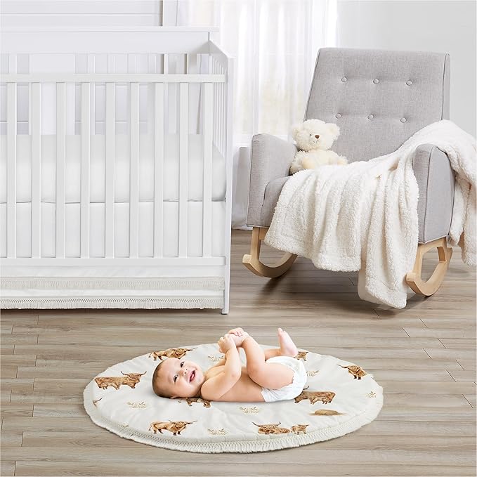 Sweet Jojo Designs Baby Play Mat (Boho Highland Cow) for Girls/Boys, Infant, Toddler Padded Floor Mat, Tummy Time Activity, Newborn Essentials Round Playmat for Babies (Farm Animal, Rustic Farmhouse)
