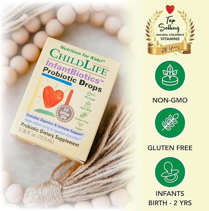 CHILDLIFE ESSENTIALS InfantBiotics - Baby Probiotic Drops, Infant Probiotic, Toddler Probiotic, Baby Constipation Relief, Gas Drops for Newborns, Gastrointestinal Health, Vegan, Non-GMO - 0.36 Fl Oz
