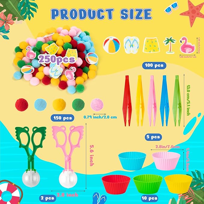 EZdhuawuse Summer Sensory Bin Fillers - 268Pcs Summer Beach Fine Motor Toys Counting Sorting for Kids, Felt Beach Ball Palm Tree Pom Poms Cup Clip for Preschool Education Birthday Gift Party Favors