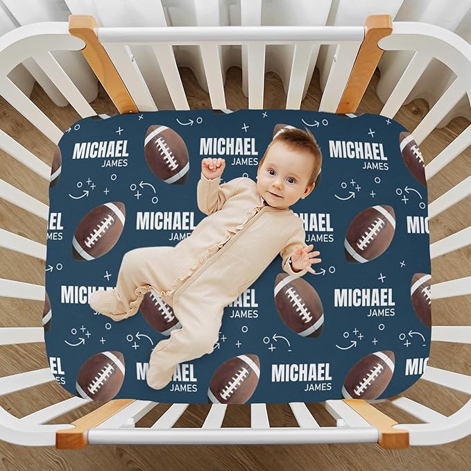Personalized Pack 'N Play Sheets - Custom Football Baby Mini Crib Sheets for Boys & Girls, Fitted Sheet with Name, Soft and Breathable Material