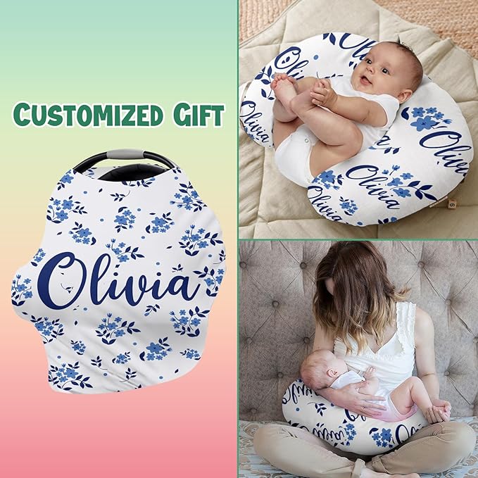 Personalised Car Seat Cover for Babies - Multi-use Carseat Canopy Cover with Name, Blue Theme Car Seat Covers, Christmas Birthday Gifts for Infant Boys and Girls