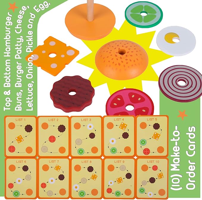 Montessori Mama Stacking Hamburger, Create a Burger Sequencing Stacker, Occupational Therapy Toys, Multi Cultural Play Food Sorting Toy