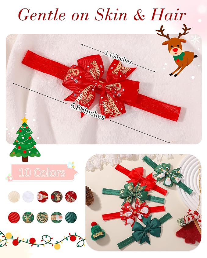 jollybows 10pcs Christmas Baby Bows Headbands Soft Stretchy Grosgrain Ribbon Hairbands with Bows Christmas Headbands Hair Accessories for Newborn Baby Girls Infant Toddlers Kids