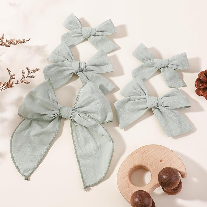 YHXX YLEN 5PCS Green Cotton Linen Hair Bows for Girls Handmade Alligator Clip Hair Accessories for Babies Infant Toddlers Kids(5inch×1, 4inch×2, 3.5inch×2)