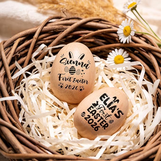 Custom Musical Easter Egg Shaker with Engraved Name, First Easter Gifts for Baby 2026, Wooden Easter Egg Basket Stuffers for Kids, Fake Eggs for Egg Hunt Prize Decor Party Baptism Gift