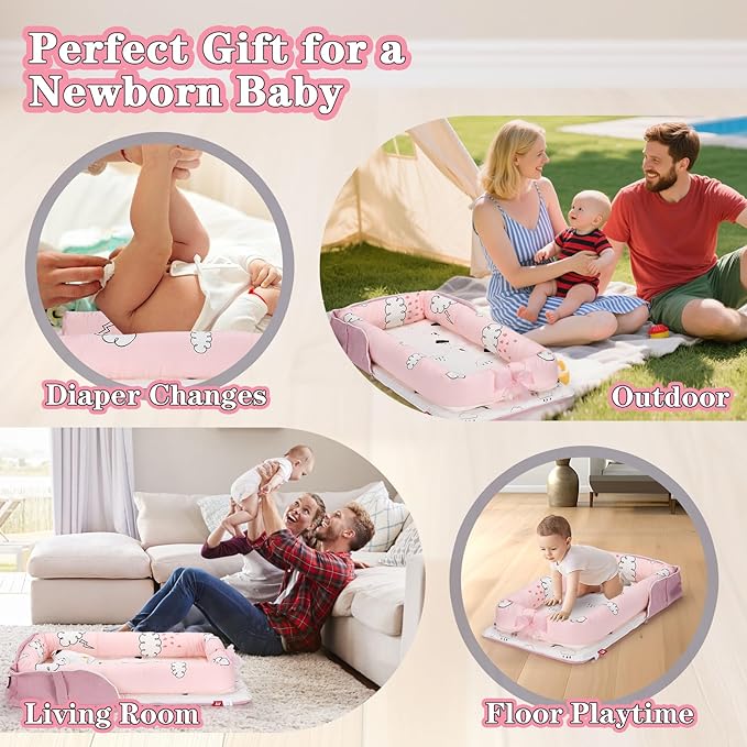 Baby Lounger for Newborn-Portable Baby Lounger 0-24 Months for Home and Travel,Newborn Loungers with Strap, Baby Nest Lounger Adjustable Size,Raindrop Clouds