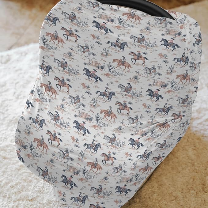 Boho Western Cowboy Car Seat Covers for Babies Vintage Cowboys Horse Stretchy 5-in-1 Cover Adjustable Infant Carseat Canopy Cover Wild West Desert Breathable Nursing Cover-Up