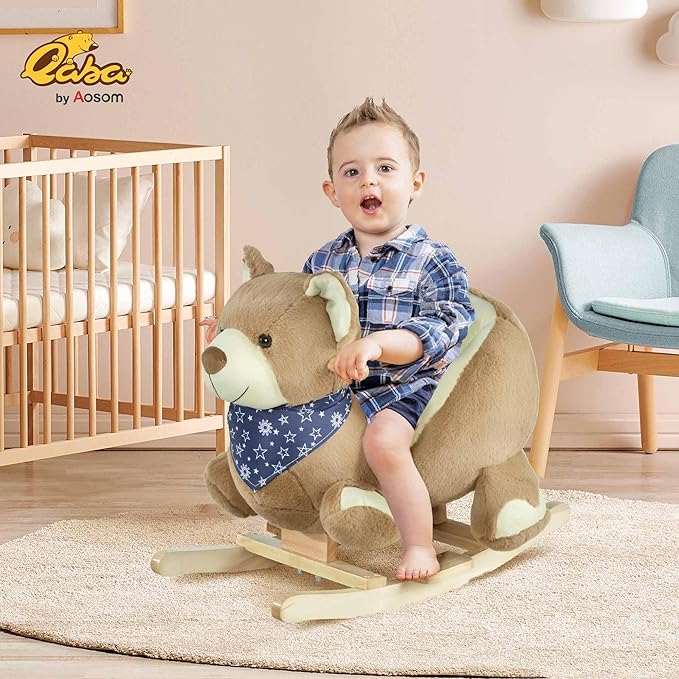 Qaba Baby Rocking Horse with Lullaby, Ride On Horse, Bear Themed Plush Animal Rocker with Pedals for Ages 18-36 Months, Easy to Assemble