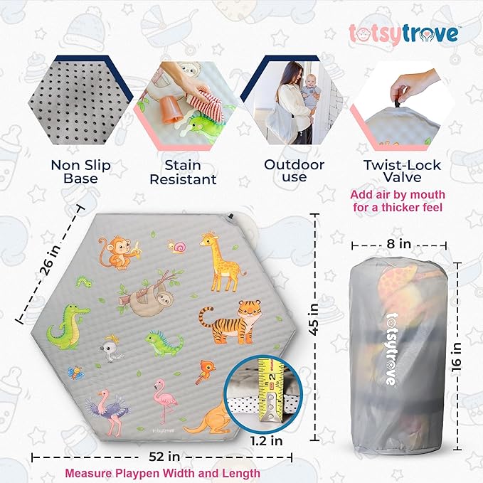 Self Inflating Hexagon Playpen Mat - 52" x 45" Non-Slip Cushioned Portable Play Area - Thick Soft Baby Play Mats for Floor - Easy Care Playmat for Infants and Toddlers - Baby Crawling Mat - Safari