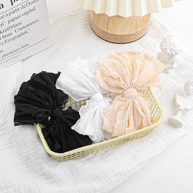 Baby Girl Headband with Bows, 3Pcs Nylon Hair Accessories for Infant, Toddler Girls, Black, White, Beige - HAIRBAND