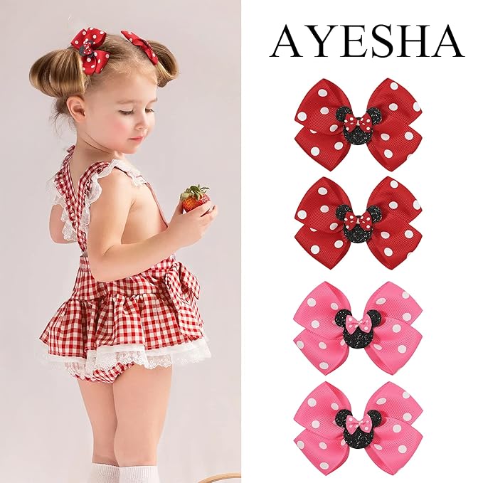 Ayesha Mouse Ears Hair Clips, 4PCS Grosgrain Ribbon Mouse Bow Hair Clips, Polka Dot Bows for Girls, Hair Accessories for Baby Girls, Toddler Kids, Costume Party, Daily Use
