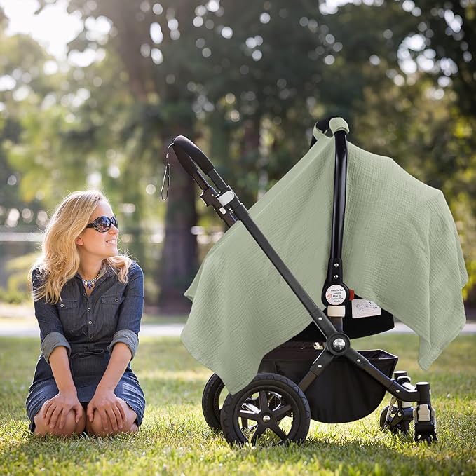 Metplus Muslin Car Seat Cover for Babies, 100% Cotton Breathable Infant Carseat Canopy for Summer, Lightweight Stroller Sunshade Covers for Newborns (Sage)