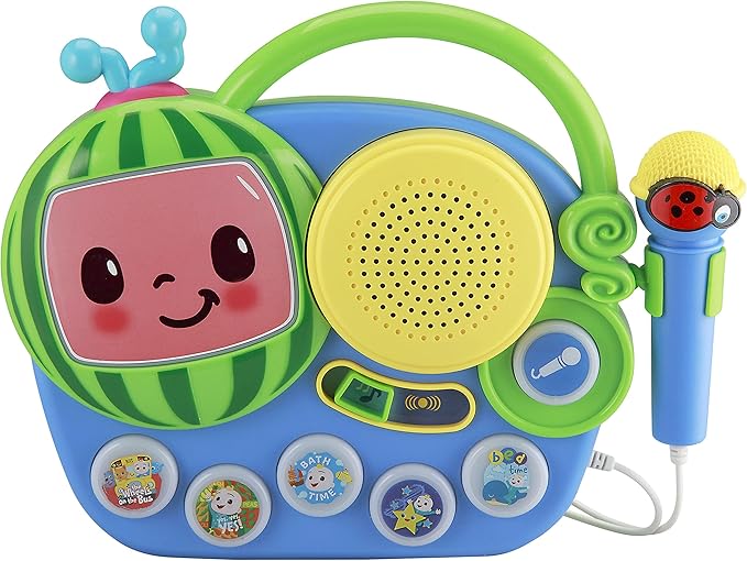 EKids Cocomelon Toy Singalong Boombox with Microphone for Toddlers and Young Children, Built-in Music and Flashing Lights, for Fans of Cocomelon Toys and Gifts