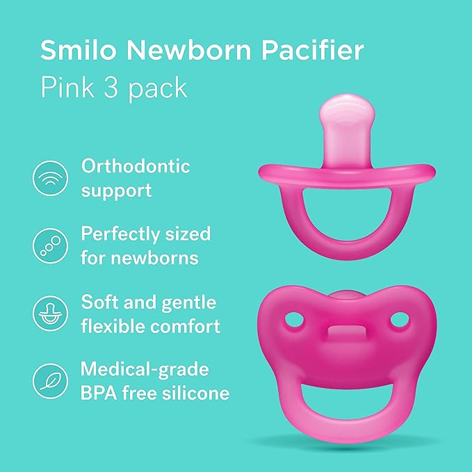 Smilo Newborn Baby Pacifier - 3 Pack of Orthodontic Pacifiers for Babies from 0-2 Months - Expands to Support The Palate During Soothing - BPA-Free - Pink
