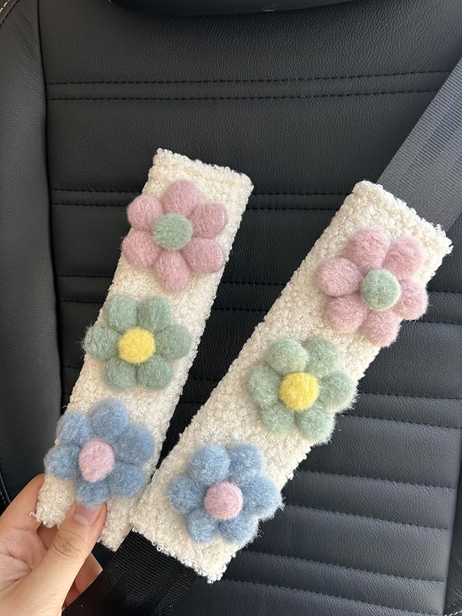 BNTR Car Seat Belt Cover 2PCS Stocking Stuffers Cute Creative Flower Safety Seatbelt Shoulder Pad Auto Accessory Neck Cushion Protector Seatbelt Shoulder Protector Nice Gift (2-Pack Pink Green Blue)