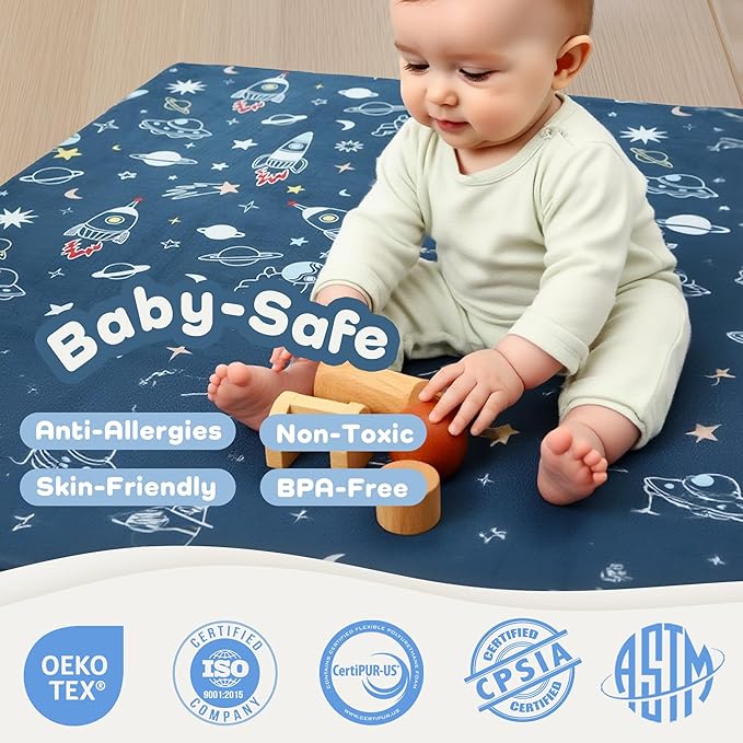 1.5" Thick Premium Baby Floor Play Mat, 71x59 Over-Sized Padded Memory Foam Mat, Tummy Time Crawling Playmat for Nursery Kids Playroom, Space Adventure