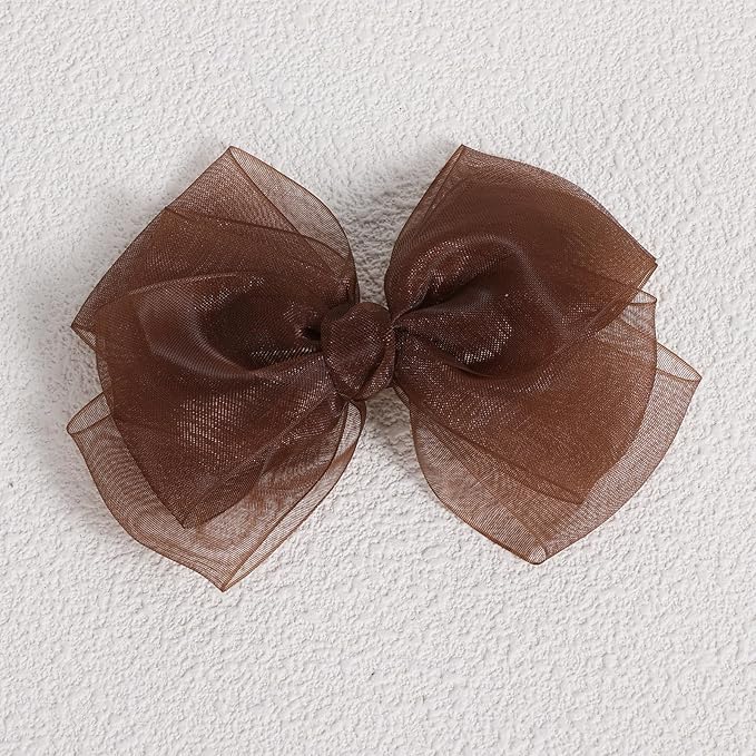 Brown Mesh Hair Bows Alligator Clip 4" Organza Double Tulle Bow Hair Barrettes Pins Happy Fall Thanksgiving Dress Outfit Decoration Accessory Gift for Teens Toddler Girls Kid Child
