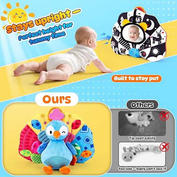 Baby Sensory Tummy Time Toys 0-3-6-12 Months, High Contrast Newborn Infant Peacock Toy, Washable Stuffed Animal Toy with Mirror Crinkle Rattle Teether,Baby Boy Girl Shower Gifts Easter Basket Stuffers