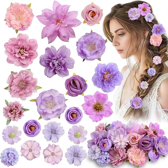 Leery 20 PCS Boho Flower Hair Clips for Women - Rose Hair Barrettes, Wedding Hairpins, Bridal Headpiece, Hawaiian Silk Floral Clips (Pinkish purple)