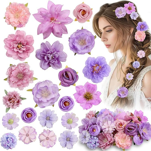 Leery 20 PCS Boho Flower Hair Clips for Women - Rose Hair Barrettes, Wedding Hairpins, Bridal Headpiece, Hawaiian Silk Floral Clips (Pinkish purple)