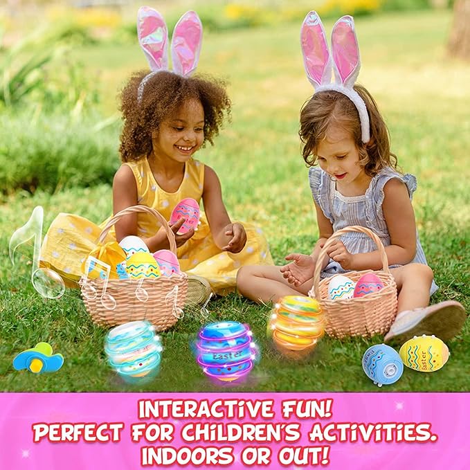 Easter Eggs Toys for Kids, 6 Pack Spinning Top Easter Eggs with Lighting & Music, Fun Easter Basket Fillers, Party Favor Gift for Boys & Girls Ages 3-6
