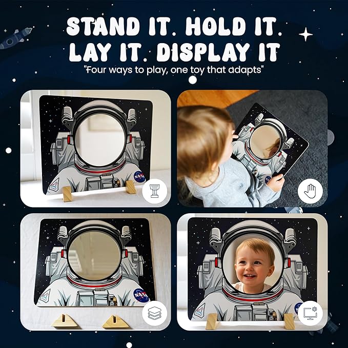 NASA Themed Astronaut Mirror for Toddlers & Kids – Montessori-Inspired Wooden Toy & Space Toy | Kids Room Decor | Shatterproof Mirror for STEM & Early Development | Boys and Girls Gift Ages 1-10