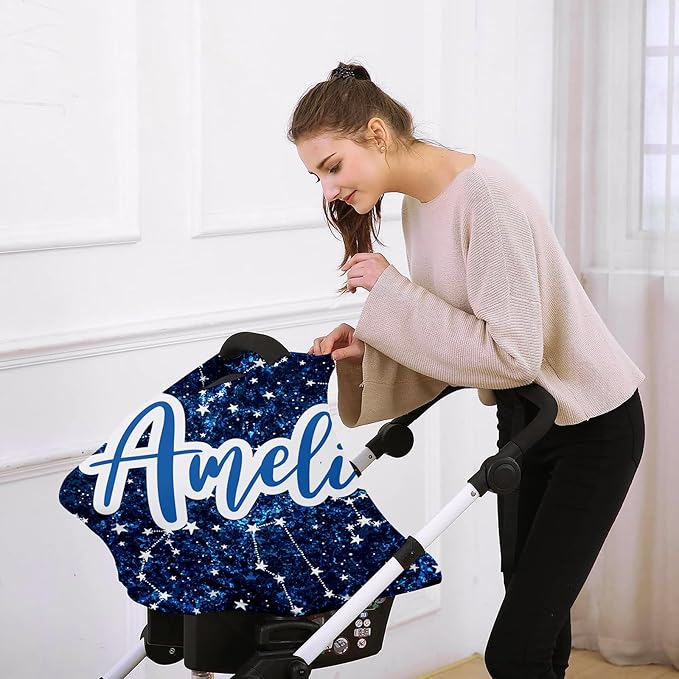 Personalised Car Seat Cover for Girls and Boys - 7 in 1 Multipurpose Blue Print Breast Feeding Cover, Nursing Cover, Grocery Cart Cover - Birthday Gift for Babies