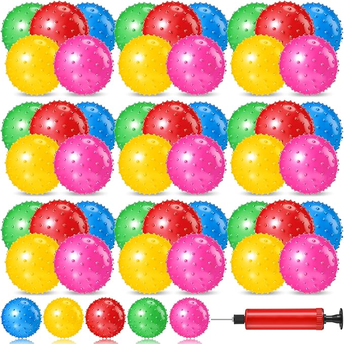 Jexine 150 Pcs 6.3 Inch Knobby Balls Bulk Spiky Bounce Ball Sensory Balls with Air Pump Small Inflatable Bouncy Balls Soft Bounce Party Favors for Kids Baby Massage Stress Play Set, 5 Assorted Colors