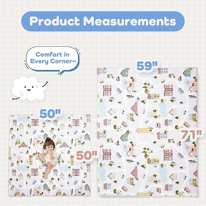 1.3" Thick Educational Baby Floor Play Mat 59x 71, Basic Padded Memory Foam Mat, Non-Slip Plush Playmat for Nursery Playroom Classroom (Community)