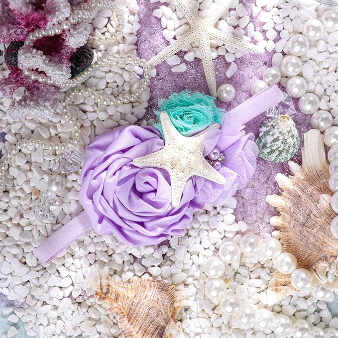 YanJie Mermaid Headbands Baby Girl Bows Starfish Baby Girl Hair Accessories for Party Lavender Headbands Newborn Bows Aqua Glitter Mermaid Accessories
