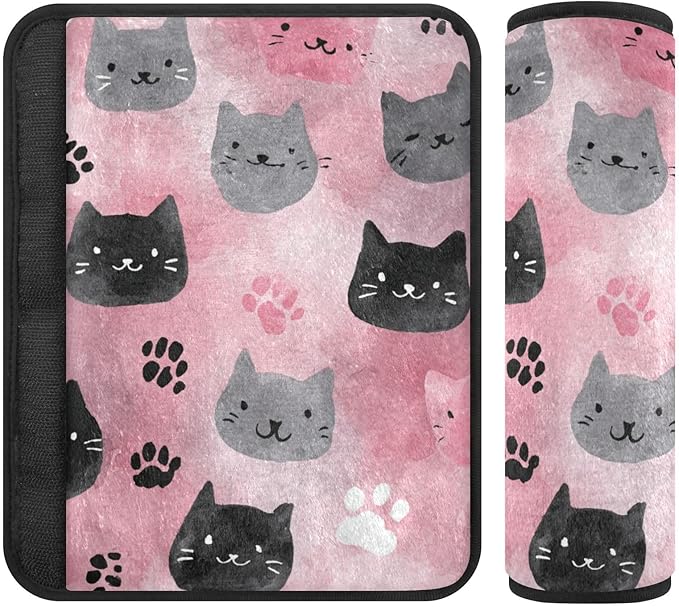 2 Pack Seatbelt Covers Seat Belt Cover Pad for Adults Boys Girls Car Seat Strap Covers Pads Cushion Universal Shoulder Strap Pad Protector for Backpack Camera Bag 6.5 Inch Watercolor Cat Faces and Paw